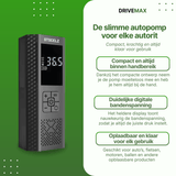 Schwarzer tragbarer Luftkompressor mit digitaler Anzeige neben einer Liste von Produktfunktionen auf grünem Hintergrund.