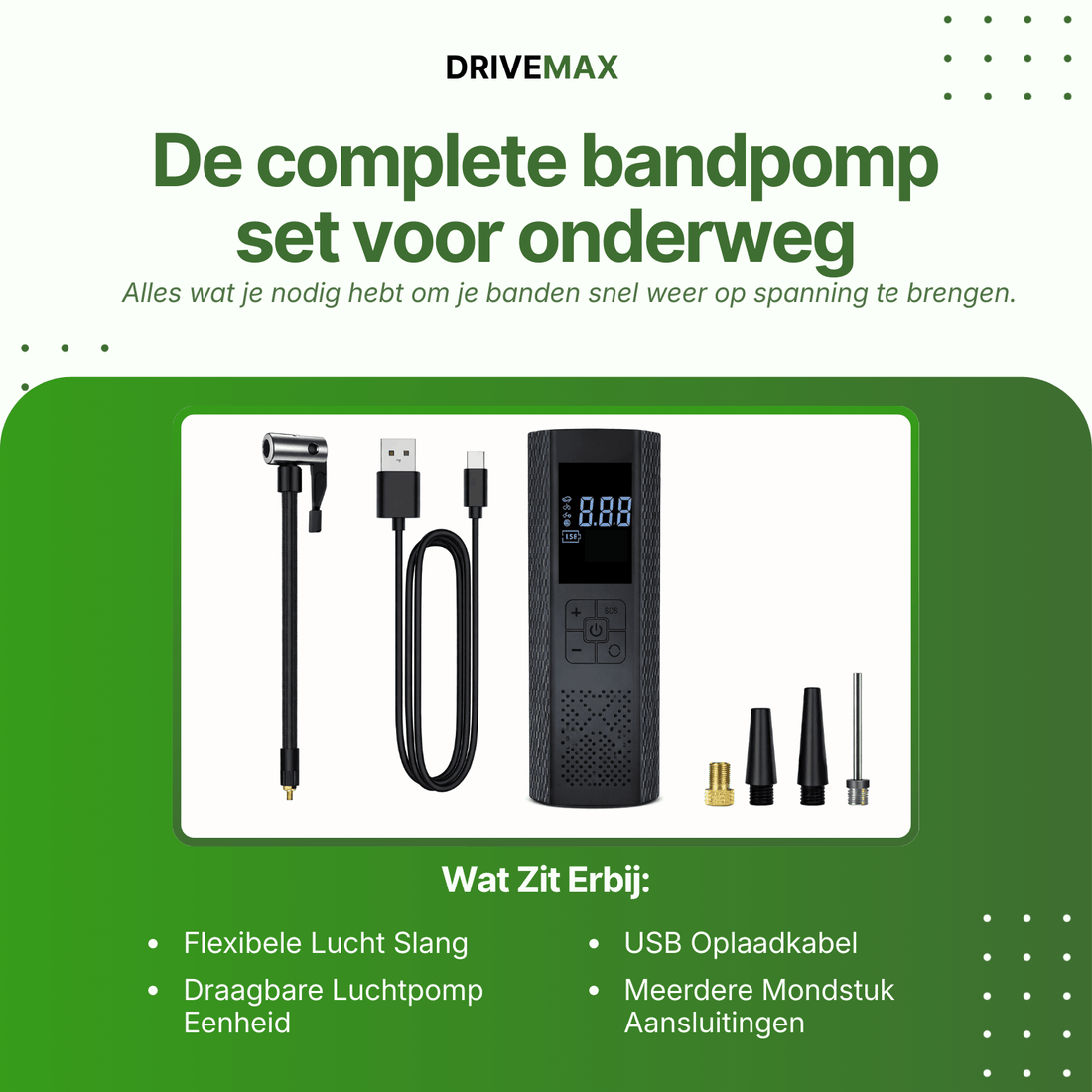 Schwarzer tragbarer Luftkompressor mit digitaler Anzeige zusammen mit Schlauch, USB-Kabel und Düsenaufsätzen.