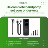 Schwarzer tragbarer Luftkompressor mit digitaler Anzeige zusammen mit Schlauch, USB-Kabel und Düsenaufsätzen.