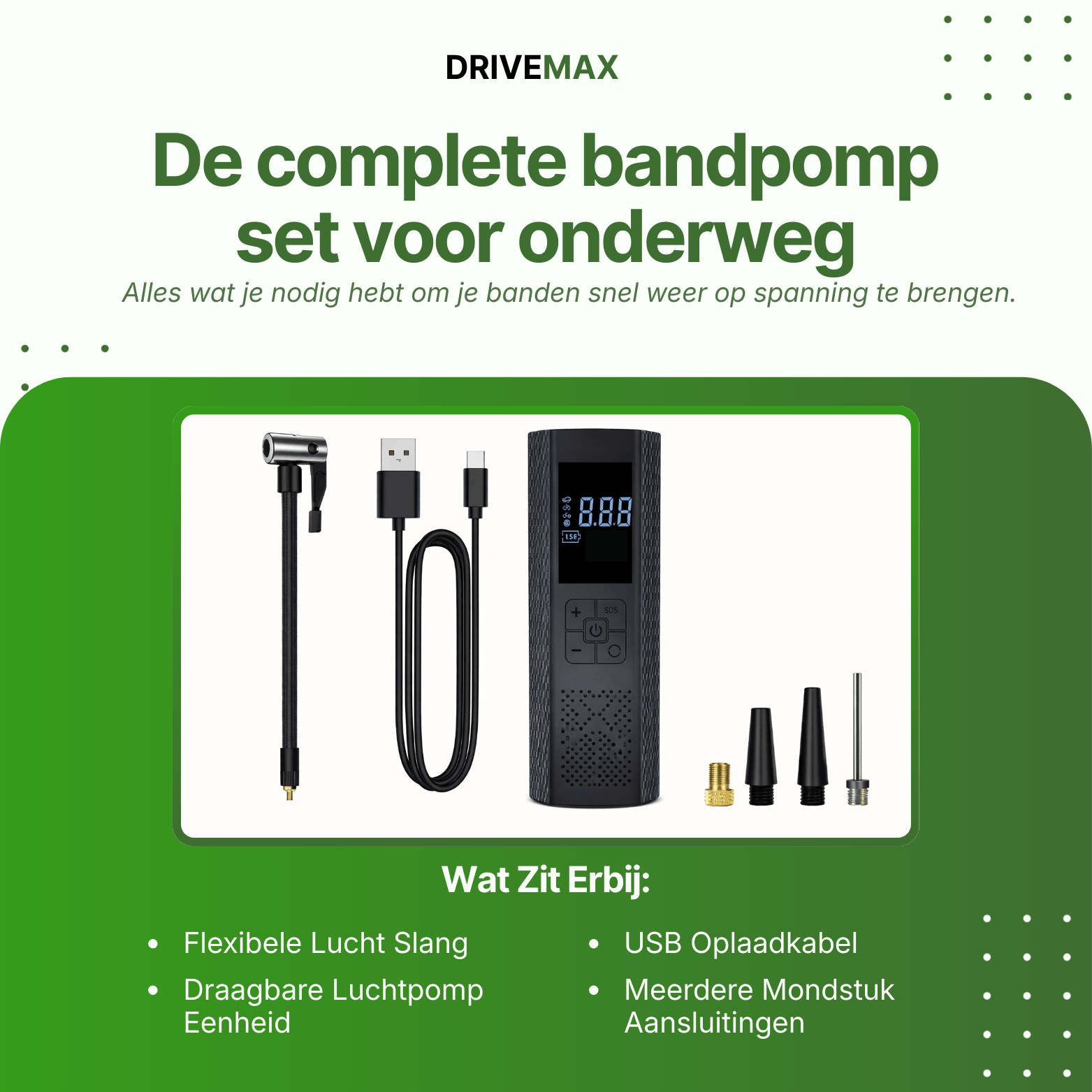 Schwarzer tragbarer Luftkompressor mit digitaler Anzeige zusammen mit Schlauch, USB-Kabel und Düsenaufsätzen.