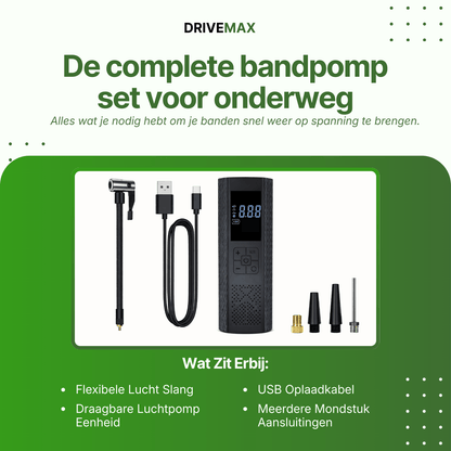 Schwarzer tragbarer Luftkompressor mit digitaler Anzeige zusammen mit Schlauch, USB-Kabel und Düsenaufsätzen.