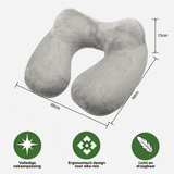 DreamRest™ Nackenkissen mit Abmessungen und Symbolen, die Ergonomie und Tragbarkeit betonen.