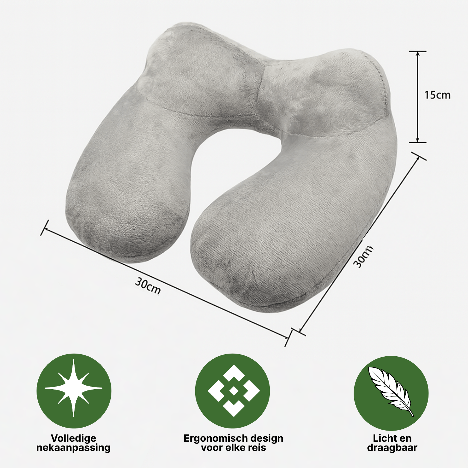 Grijs DreamRest™ nekkussen met afmetingen en iconen die ergonomie en draagbaarheid benadrukken.