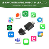 DriveLink USB-Adapter umgeben von App-Icons wie Spotify, WhatsApp und Google Maps zur Verwendung im Auto