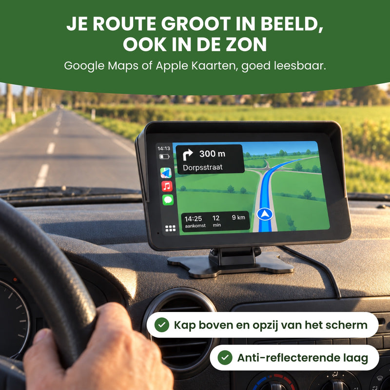 DriveMate One auf sonnigem Armaturenbrett, mit Route und Sonnenblende: deine Route groß im Blick, auch in der Sonne