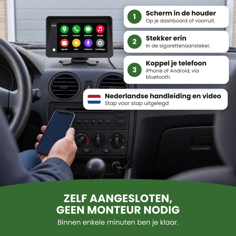 Geparktes Auto mit dem DriveMate One, Stecker im Zigarettenanzünder, Handy in der Hand, Label Deutsche Anleitung: selbst angeschlossen