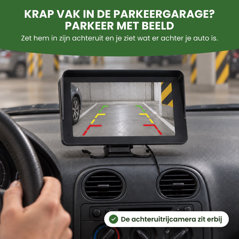DriveMate One zeigt das Bild der Rückfahrkamera mit Hilfslinien im Parkhaus: enge Parklücke, einparken mit Bild