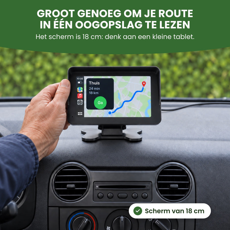 Hand hält den DriveMate One auf dem Armaturenbrett, auf dem Display die Route nach Hause: 18-cm-Bildschirm, groß genug für deine Route