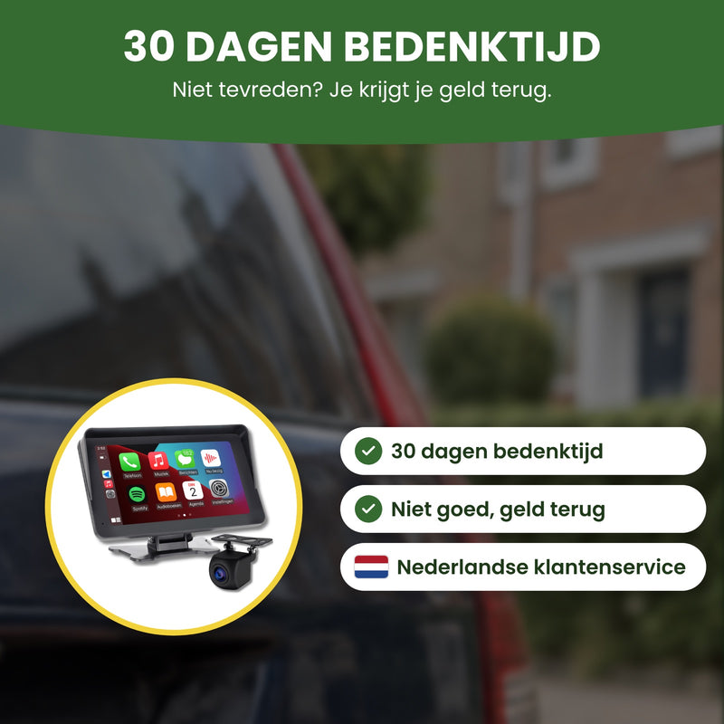 DriveMate One CarPlay-Bildschirm mit Rückfahrkamera in einem Kreis: 30 Tage Rückgaberecht, Geld zurück, Kundenservice auf Deutsch