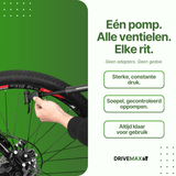 Hand, die eine schwarze DriveMax-Fahrradpumpe an einem Mountainbikereifen vor grünem Hintergrund benutzt.