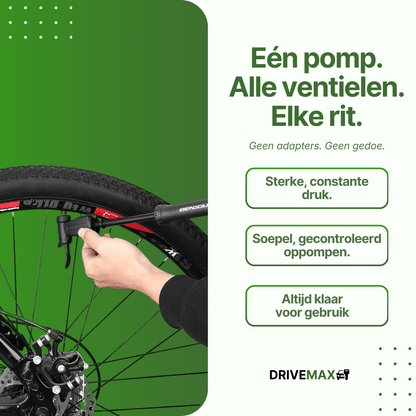 Hand, die eine schwarze DriveMax-Fahrradpumpe an einem Mountainbikereifen vor grünem Hintergrund benutzt.