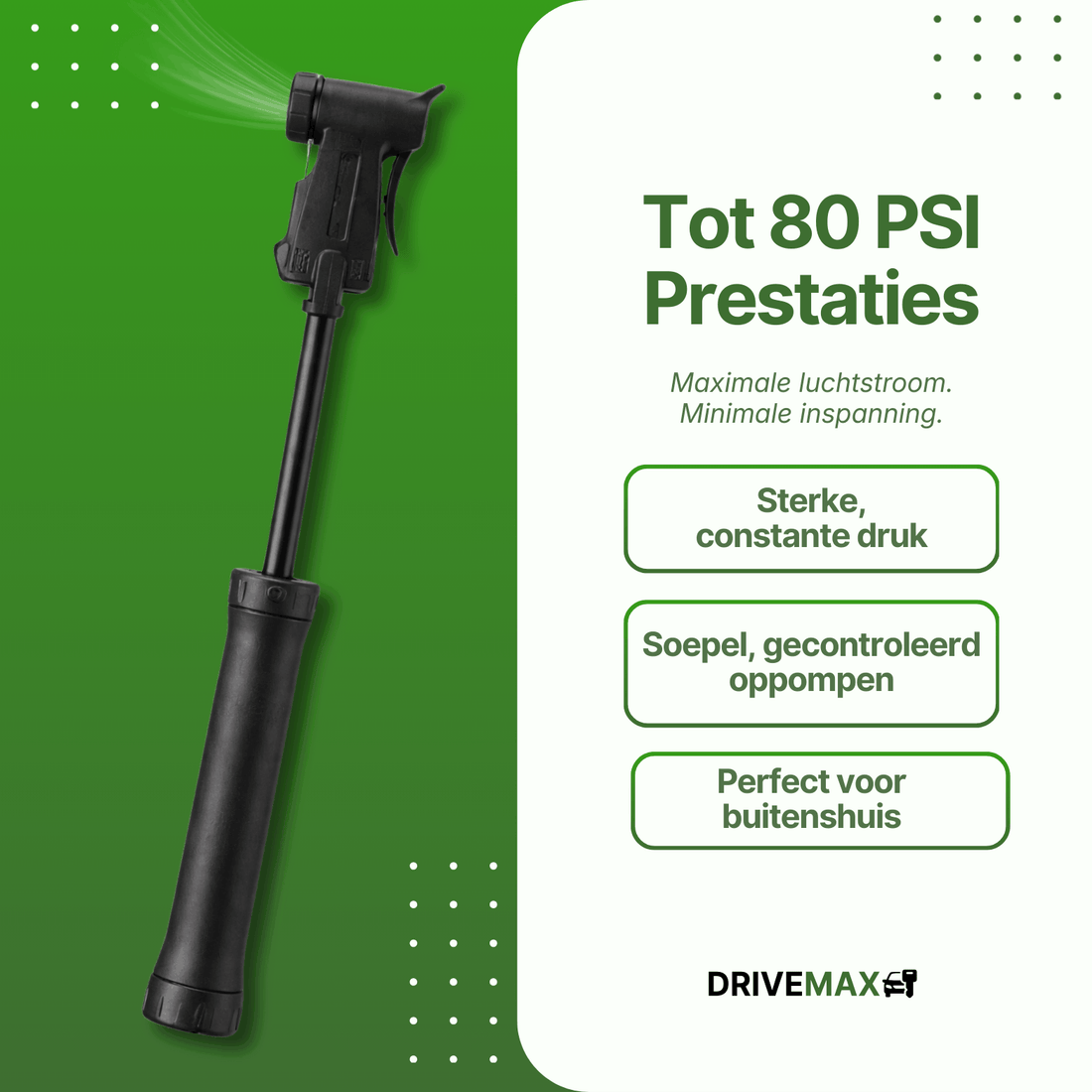 Schwarze DriveMax-Fahrradpumpe in ausgezogener Stellung mit sichtbarem Luftstrom vor grünem Hintergrund.