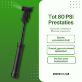 Schwarze DriveMax-Fahrradpumpe in ausgezogener Stellung mit sichtbarem Luftstrom vor grünem Hintergrund.