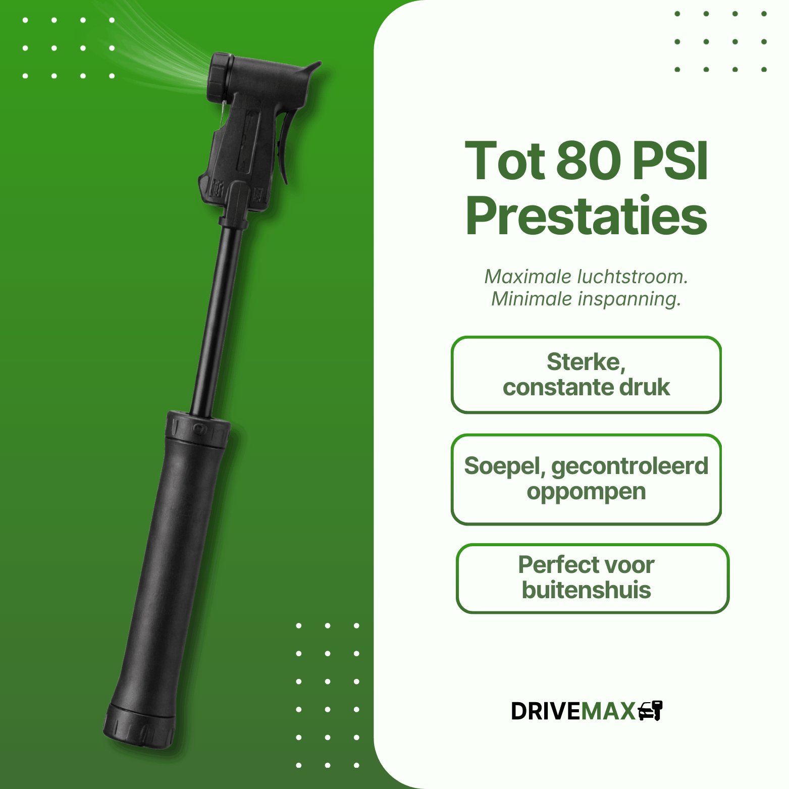 Schwarze DriveMax-Fahrradpumpe in ausgezogener Stellung mit sichtbarem Luftstrom vor grünem Hintergrund.
