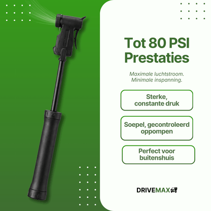 Schwarze DriveMax-Fahrradpumpe in ausgezogener Stellung mit sichtbarem Luftstrom vor grünem Hintergrund.