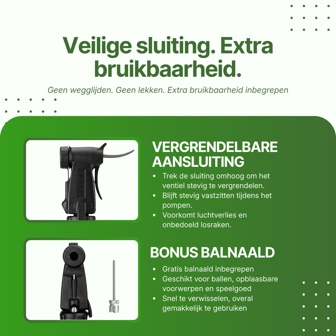 Nahaufnahme der DriveMax-Fahrradpumpe mit verriegelbarem Anschluss und abnehmbarem Ballnadel-Zubehör.