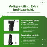 Nahaufnahme der DriveMax-Fahrradpumpe mit verriegelbarem Anschluss und abnehmbarem Ballnadel-Zubehör.