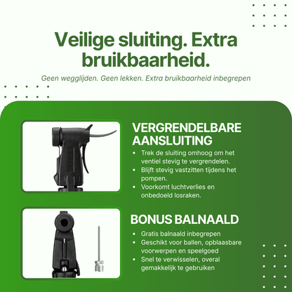 Nahaufnahme der DriveMax-Fahrradpumpe mit verriegelbarem Anschluss und abnehmbarem Ballnadel-Zubehör.