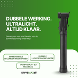 Schwarze DriveMax-Fahrradpumpe in Vorderansicht vor grünem Werbehintergrund.