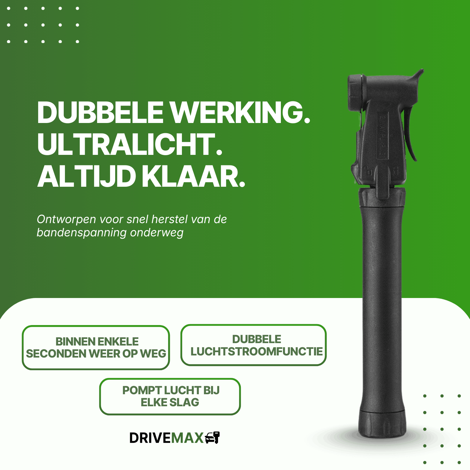 Schwarze DriveMax-Fahrradpumpe in Vorderansicht vor grünem Werbehintergrund.