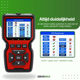Rot-schwarzer DriveMax OBD2-Scanner mit I/M-Bereitschaftsanzeige auf der Vorderseite.