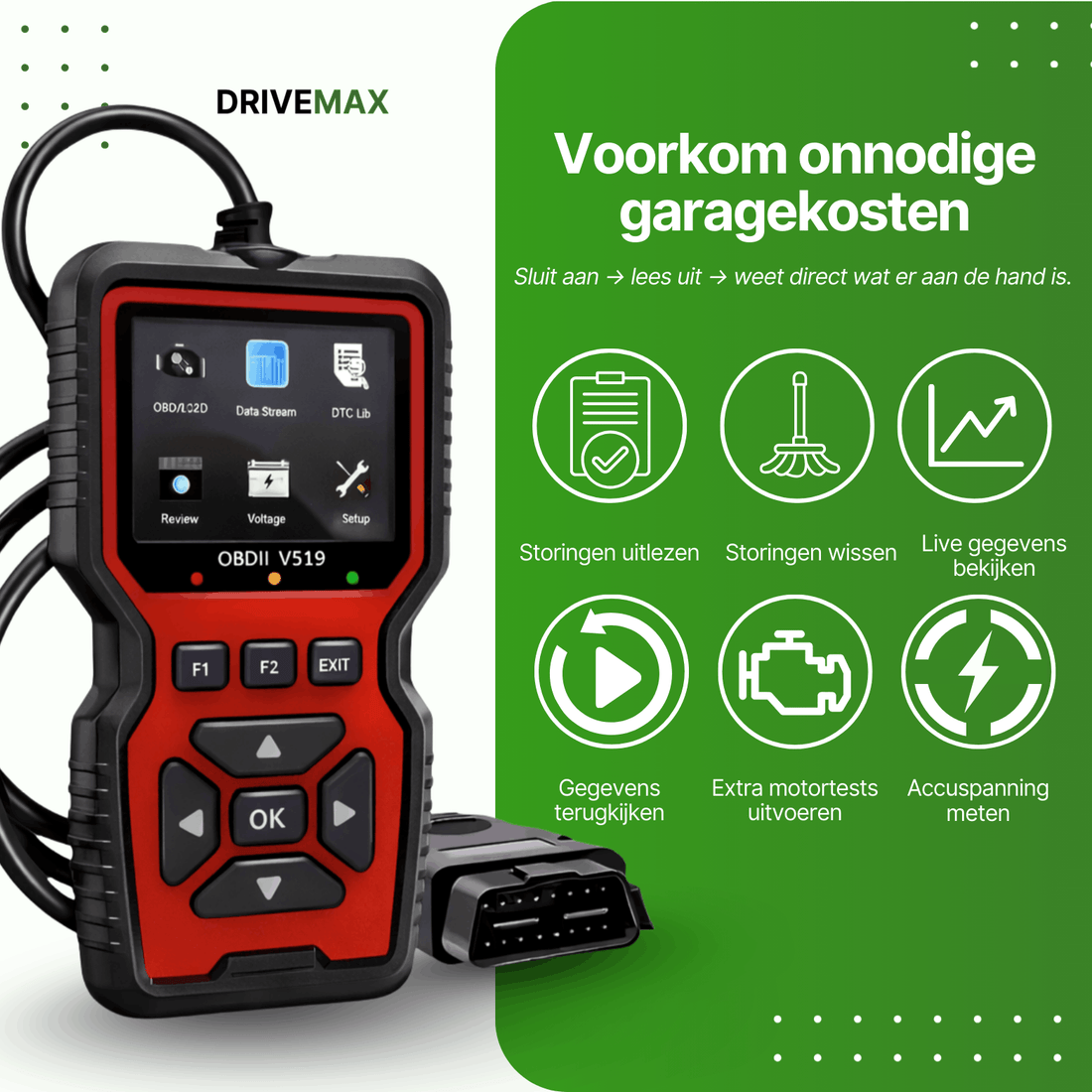 Rot-schwarzer DriveMax OBD2-Scanner V519 mit Bildschirm, Tasten und angeschlossenem OBD-Stecker.