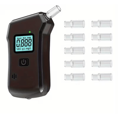 Zwarte DriveSafe alcoholtester met digitaal display en meerdere verwisselbare mondstukken.