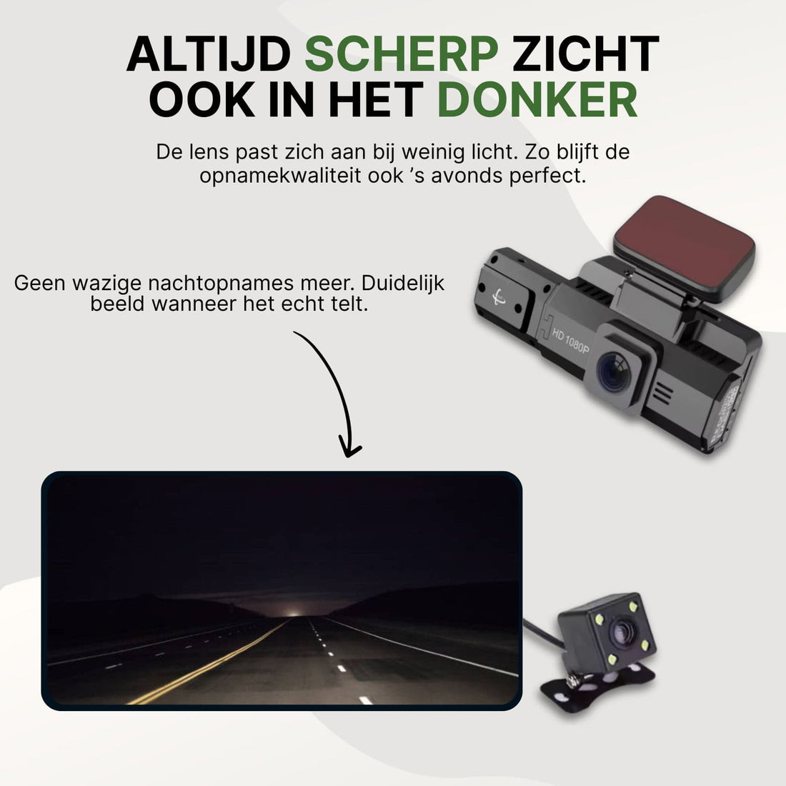 DriveVision Dashcam mit Nachtsicht zeigt scharfes Bild von dunkler Autobahn und kompakter Rückfahrkamera