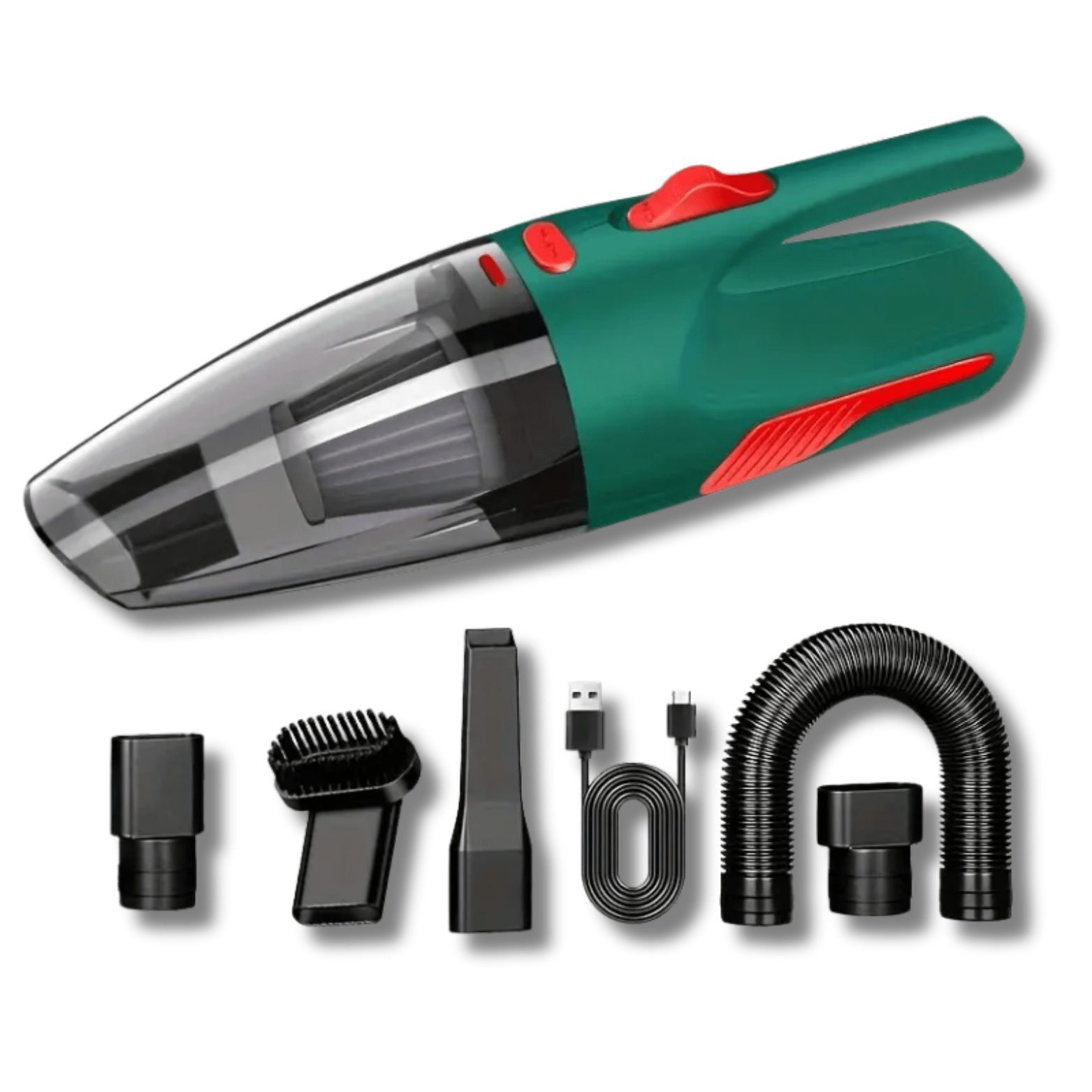 Groen-zwarte draadloze autostofzuiger met meerdere opzetstukken en USB-oplaadkabel op witte achtergrond.