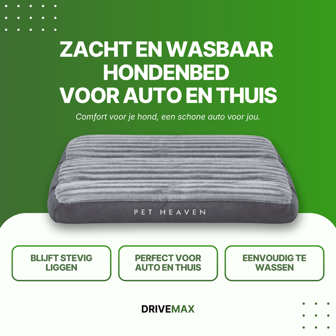 Grijze rechthoekige hondenmand met geribbeld kussen op groene promotieachtergrond met tekst over zacht hondenbed.