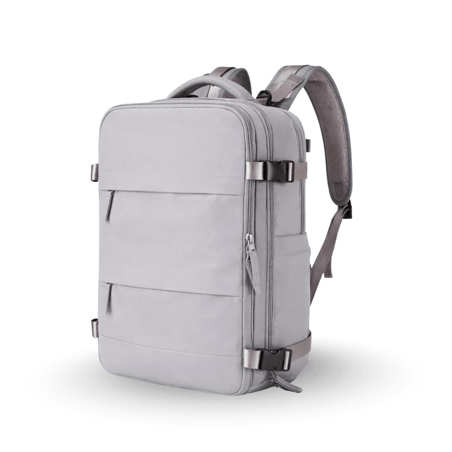 Graue Reisetasche im Rucksackdesign mit Reißverschlussfächern, Seitentasche und gepolsterten Schultergurten.