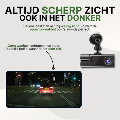 Guardian Pro dashcam met geavanceerd nachtzicht en automatische aanpassing bij weinig licht, voor scherpe opnames zonder wazige beelden in het donker