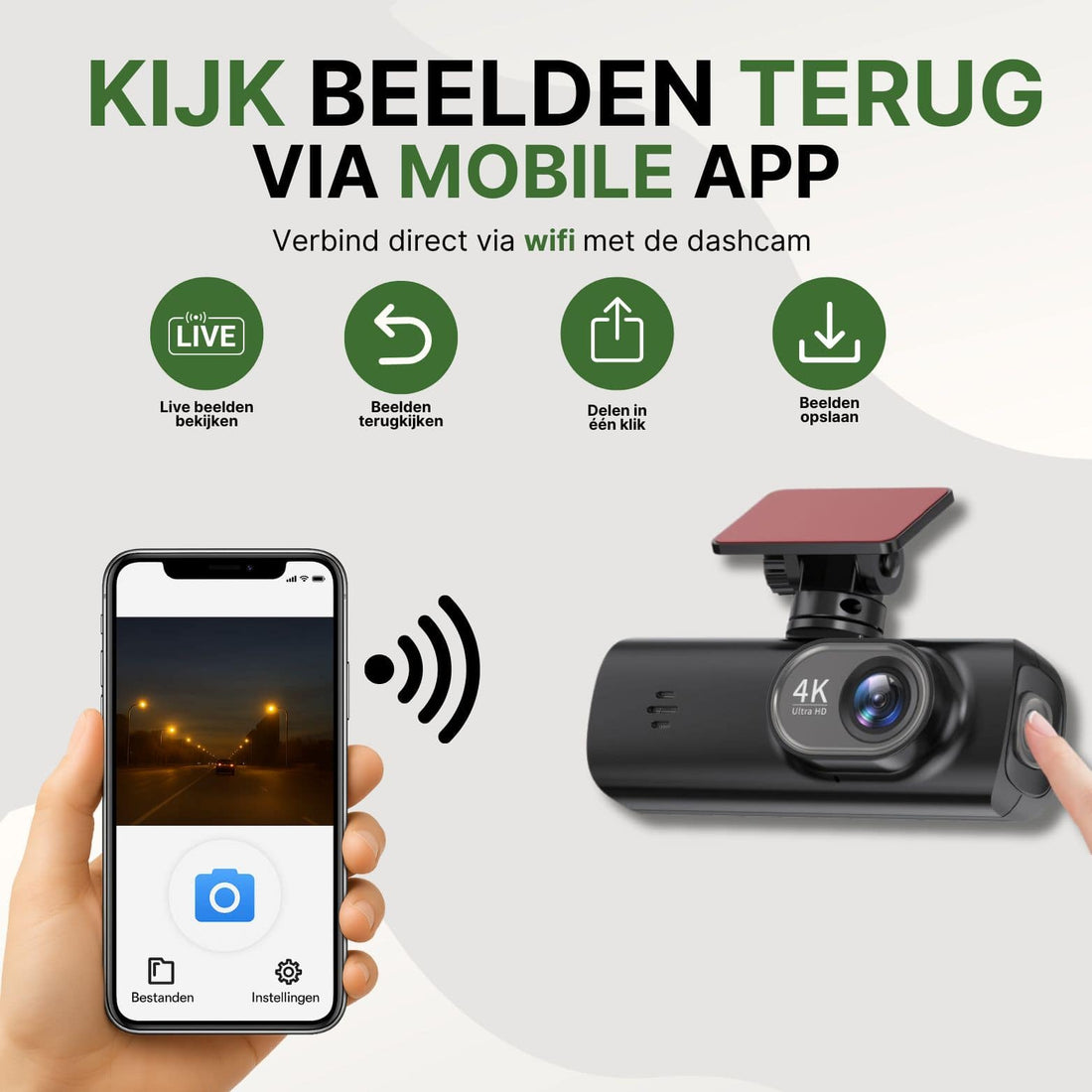 GuardianView Pro Dashcam mit WLAN und mobiler App, mit der du Live-Bilder ansehen, einfach zurückspulen, speichern und über dein Smartphone teilen kannst.