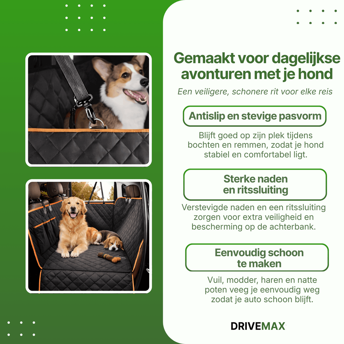 Schwarze gesteppte Hundedecke für das Auto auf der Rückbank mit Hunden, die bequem darauf liegen.
