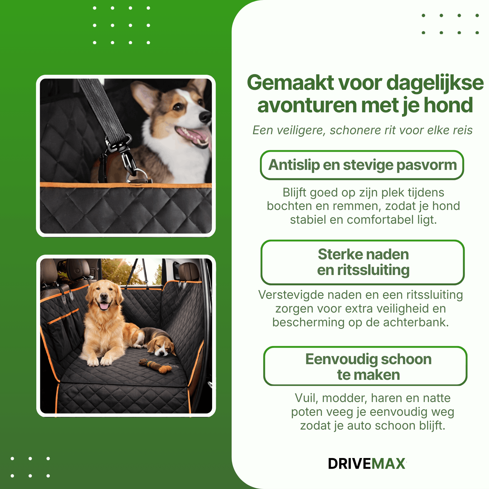 Schwarze gesteppte Hundedecke für das Auto auf der Rückbank mit Hunden, die bequem darauf liegen.