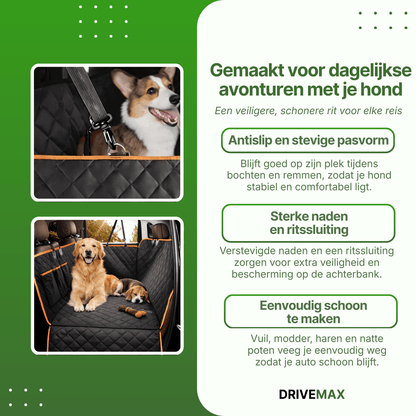 Schwarze gesteppte Hundedecke für das Auto auf der Rückbank mit Hunden, die bequem darauf liegen.