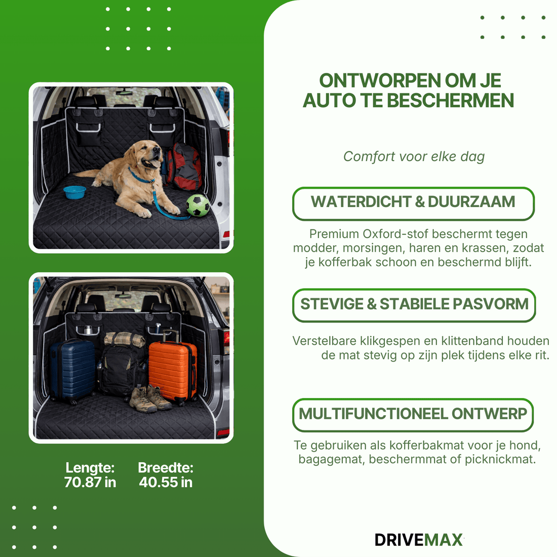 Schwarze gesteppte Hundedecke im Auto-Kofferraum mit Hund und platzierten Koffern.
