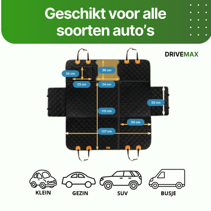 Schwarze gesteppte Hundedecke für das Auto mit Maßangaben passend für kleine Autos, Familie, SUV und Transporter.