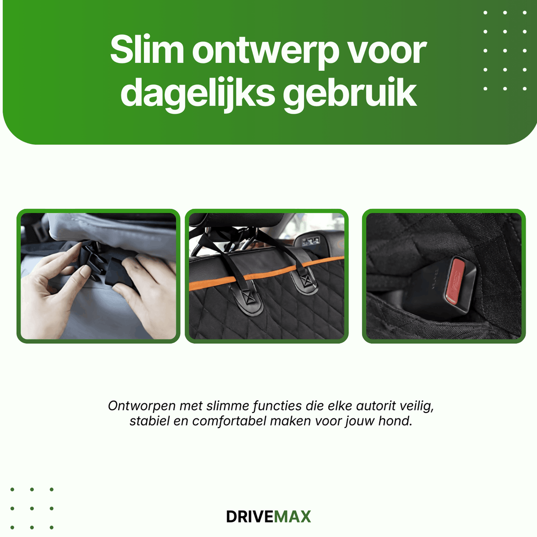 Schwarze gesteppte Hundedecke für das Auto mit Befestigungsclips, Kopfstützenriemen und integrierter Tasche.