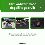 Schwarze gesteppte Hundedecke für das Auto mit Befestigungsclips, Kopfstützenriemen und integrierter Tasche.