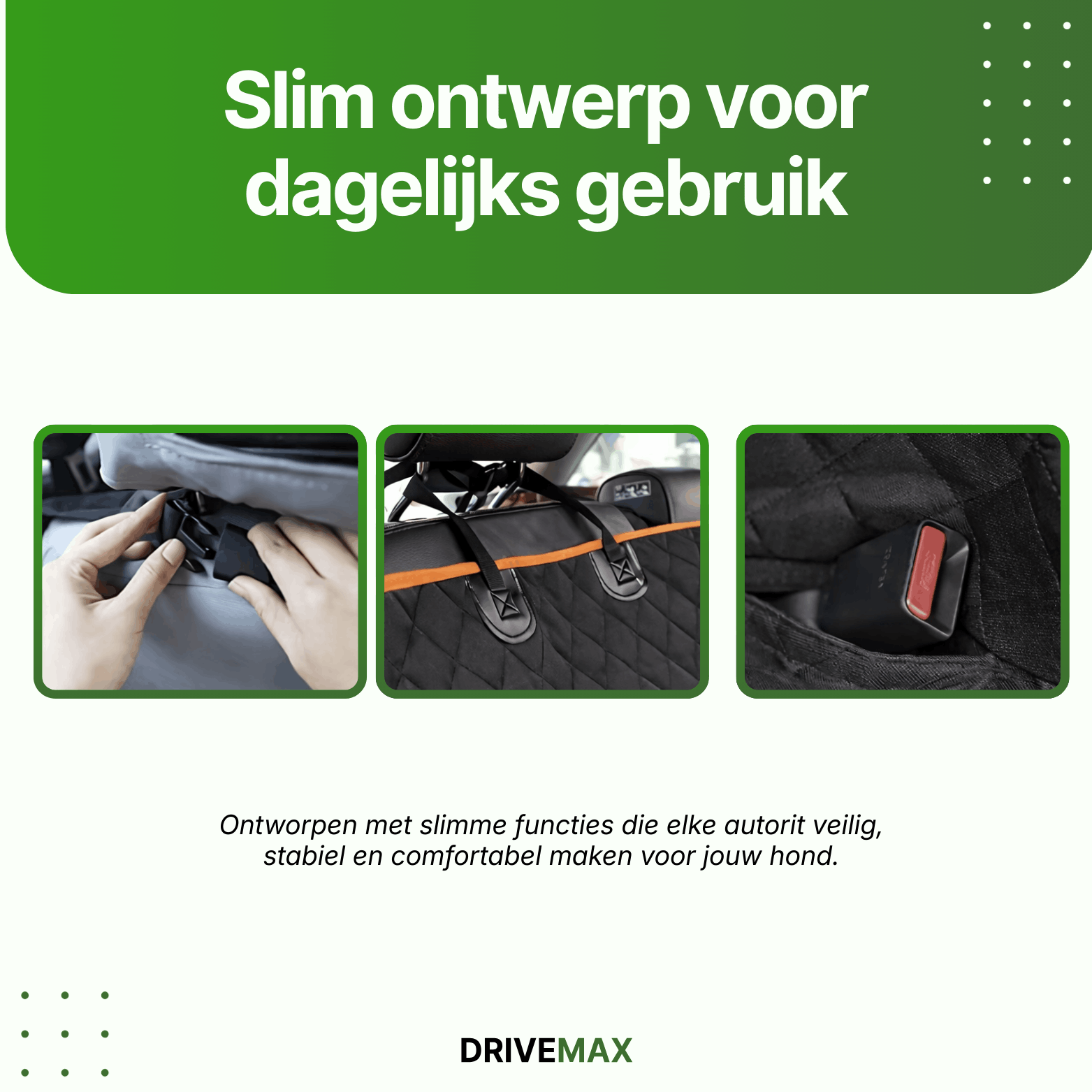 Schwarze gesteppte Hundedecke für das Auto mit Befestigungsclips, Kopfstützenriemen und integrierter Tasche.