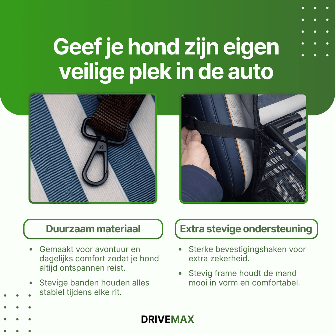 Hundekorb für das Auto mit Nahaufnahme von Befestigungshaken und Gurt am Autositz.