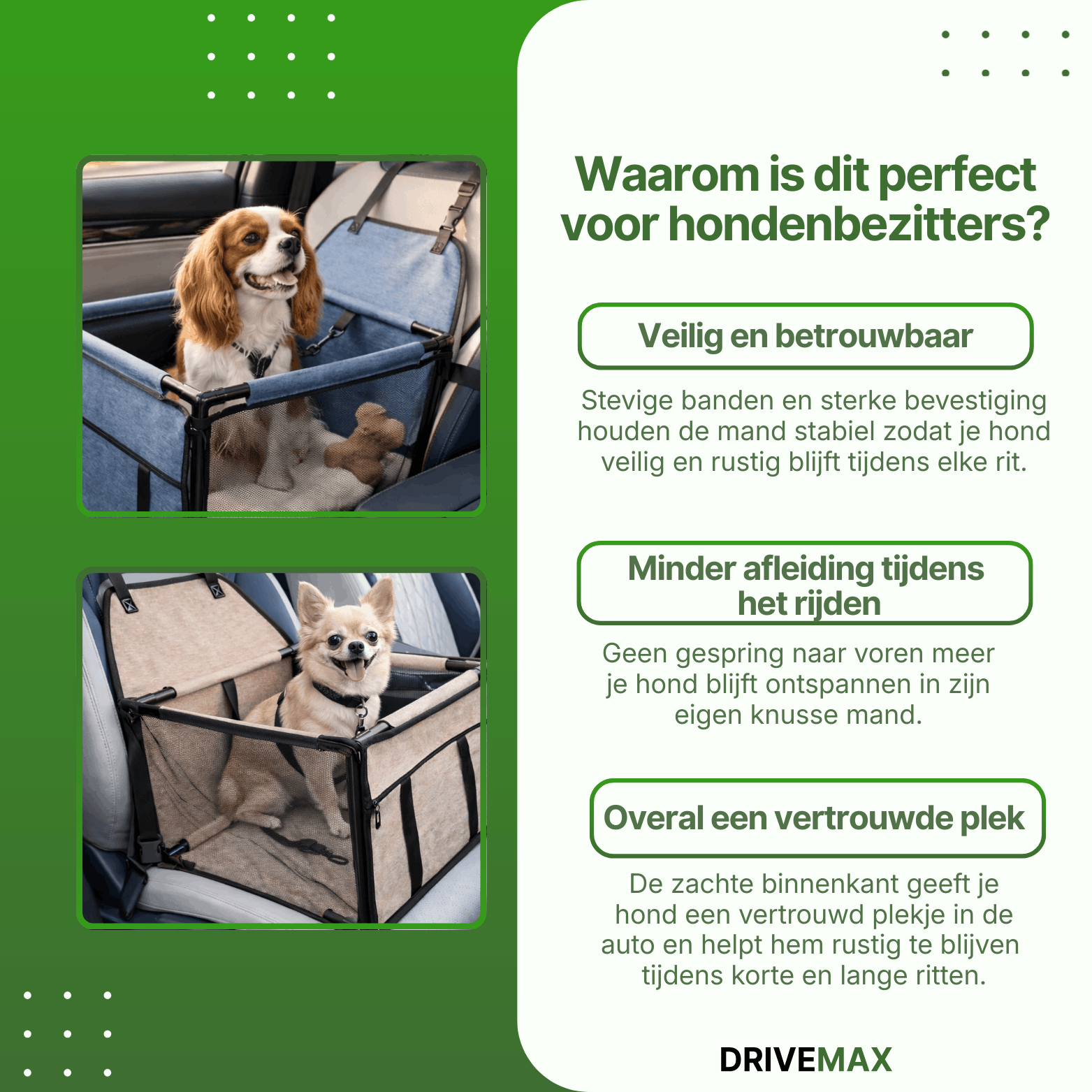 Hundekorb für das Auto auf dem Rücksitz mit Hunden, die bequem im Sitzkorb sitzen.