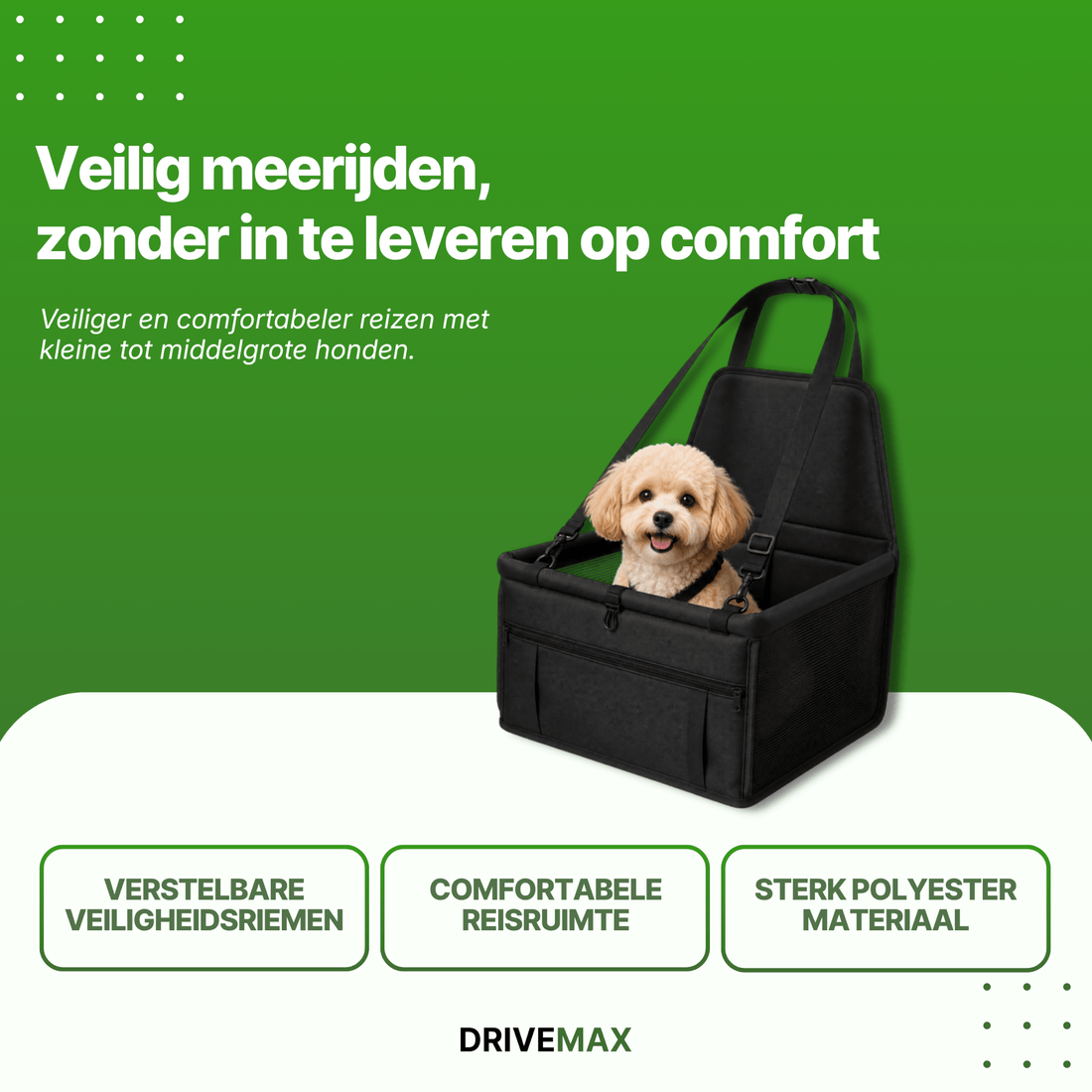 Hundebett im Auto platziert, Seitenansicht mit befestigtem Sicherheitsgurt