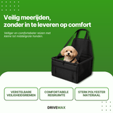 Hundebett im Auto platziert, Seitenansicht mit befestigtem Sicherheitsgurt