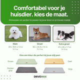 Größenübersicht für Hunde Autositz Kissen mit drei Hundgrößen (klein, groß, extra groß) und vier Farboptionen: grün, gelb, dunkelgrau und grau.