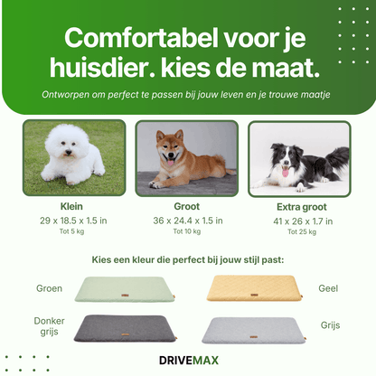 Größenübersicht für Hunde Autositz Kissen mit drei Hundgrößen (klein, groß, extra groß) und vier Farboptionen: grün, gelb, dunkelgrau und grau.