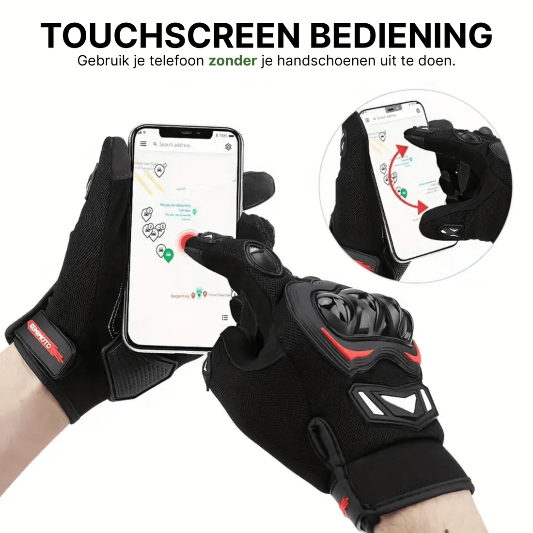 Schwarze MotoGrip Motorradhandschuhe mit roten Akzenten, die zur Bedienung eines Smartphones mit Touchscreen verwendet werden.