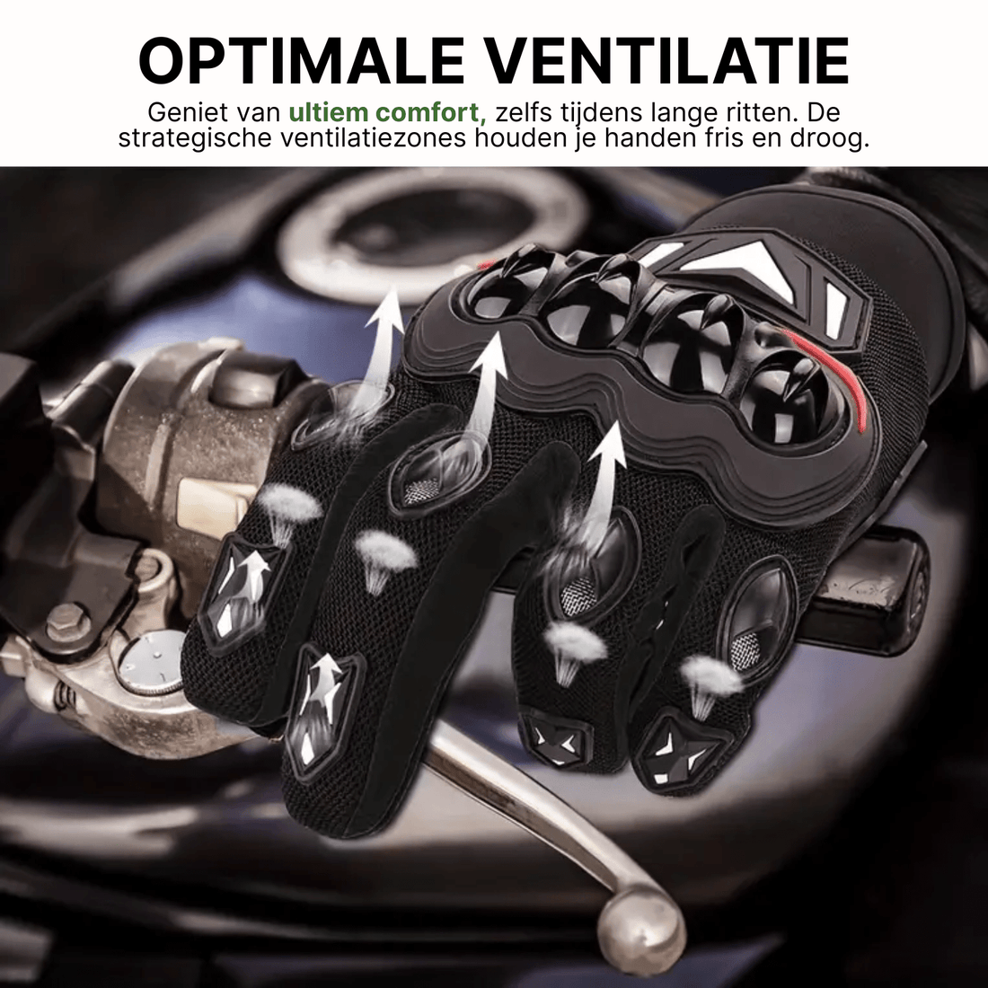 Schwarzer MotoGrip Motorradhandschuh mit roten Akzenten und Belüftungszonen bei der Verwendung an einem Motorradlenker.