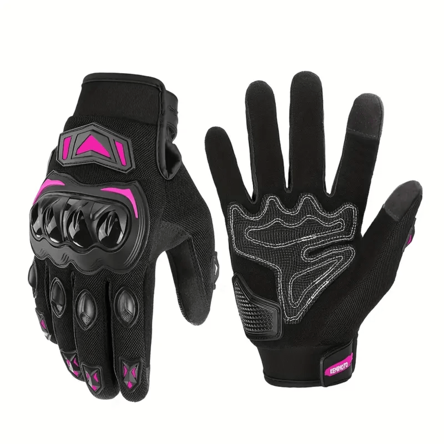 Zwarte MotoGrip motorhandschoenen met roze accenten en harde knokkelbescherming, vooraanzicht en handpalmzijde.